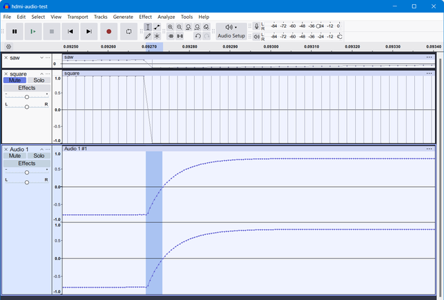 Screenshot of Audacity, showing a collapsed sawtooth wave, a visible full-scale square wave, and an audio capture of the HDMI DAC showing a clear exponential decay from negative voltage towards positive. I've selected a period of time where it takes 8 samples to move from negative voltage to zero amplitude.